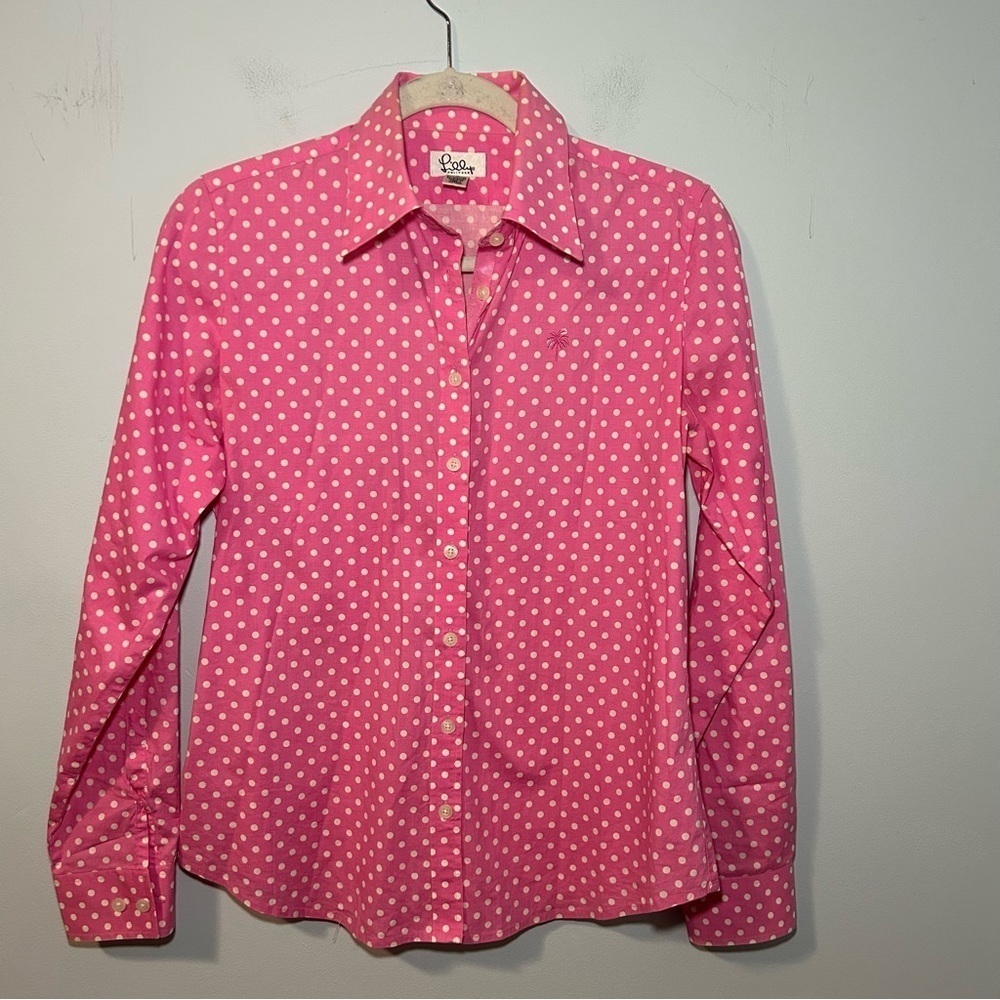 Lilly Pulitzer Pink & White Polka Dot Button Up Long Sleeve Blouse Size 6